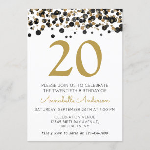 Invitación 20.º cumpleaños Purpurina de oro negro Sparkle Con