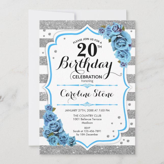 Invitación 20.º cumpleaños - Rayas blancas de plata azul (Anverso)