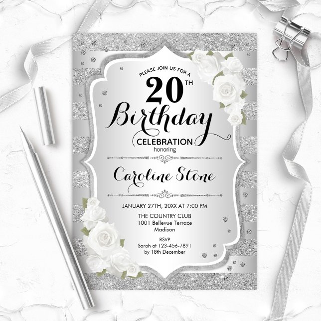Invitación 20.º cumpleaños - Rayas blancas de rayas plateadas (Subido por el creador)