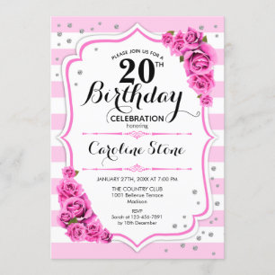 Invitación 20.º cumpleaños - Rosas de franjas blancas rosadas