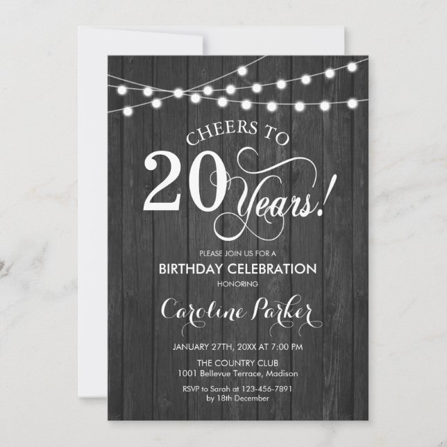 Invitación 20.º Cumpleaños - Rústico Patrón de Madera Gris (Anverso)