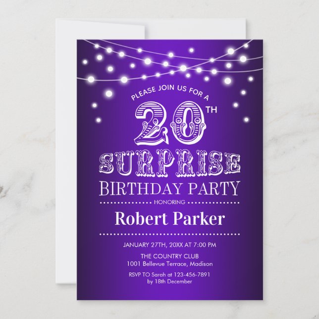 Invitación 20.º cumpleaños sorpresa - Blanco morado (Anverso)