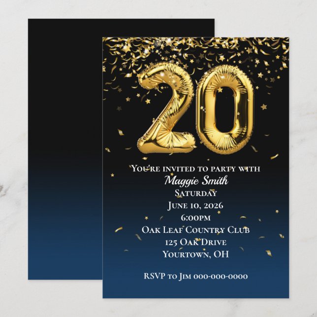 Invitación 20.º globo de oro y confetti (Anverso / Reverso)