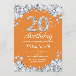 Invitación 20.º Naranja de cumpleaños y diamante plateado