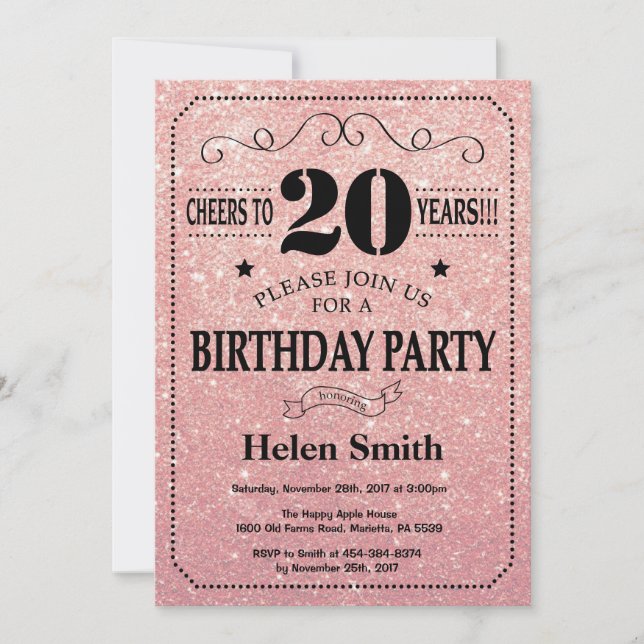 Invitación 20.º Purpurina de oro negro y rosa de cumpleaños (Anverso)