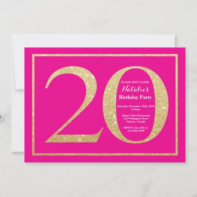 Invitación 20.º Purpurina de oro y rosado caliente (Anverso)