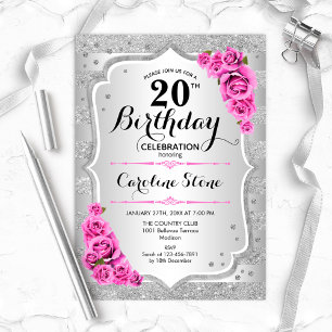 Invitación 20 Aniversario - Bandas Plateadas Rosas Rosadas