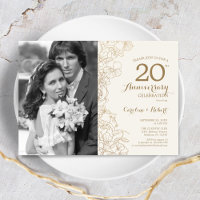 20° aniversario con foto - Floral de oro de marfil
