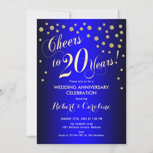 Invitación 20 Aniversario de Boda - Azul Real y Oro (Anverso)
