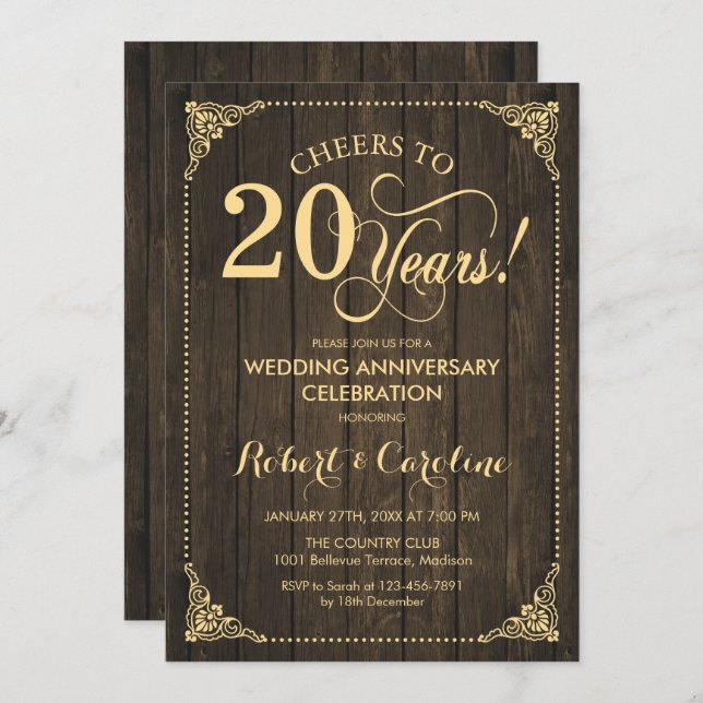 Invitación 20 Aniversario de Boda - Madera Dorada (Anverso / Reverso)