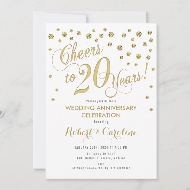 Invitación 20 Aniversario de Boda - Oro y Blanco (Anverso)