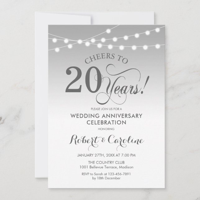 Invitación 20 Aniversario de Boda - Plata Blanco (Anverso)