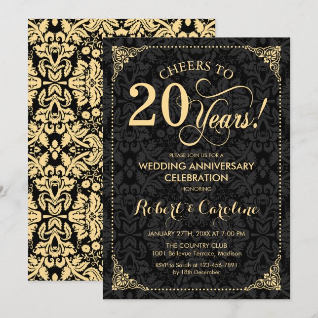 Invitación 20° Aniversario del Boda - Damasco negro de oro (Anverso / Reverso)