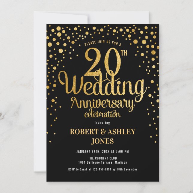 Invitación 20° Aniversario del Boda - Negro y Oro (Anverso)