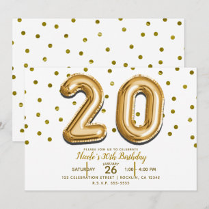 Invitación 20 Globos de Oro y Confeti Cumpleaños 20 años
