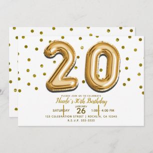 Invitación 20 Globos de Oro y Confetti 20 cumpleaños