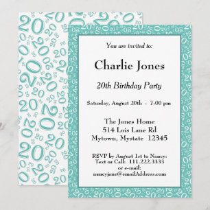 Invitación 20 - Patrón de número aleatorio Verde azulado/Blan