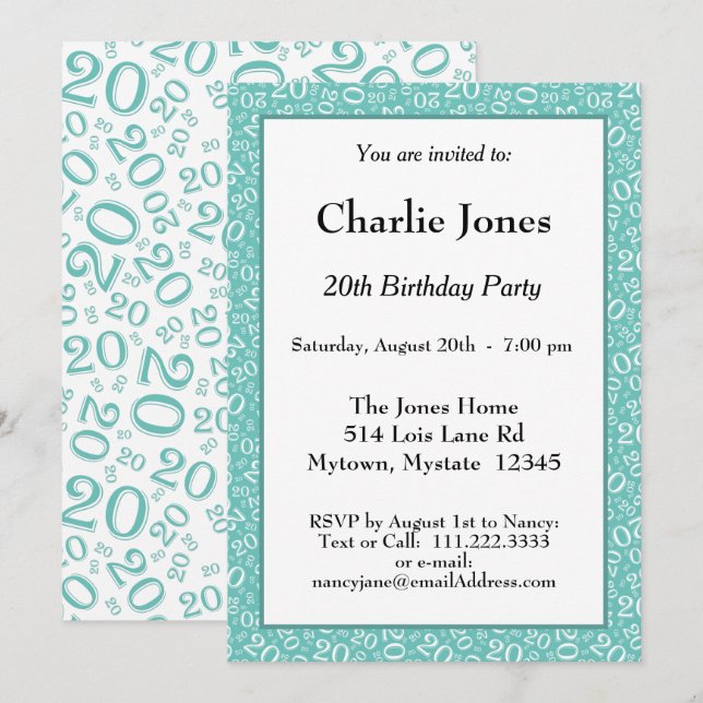 Invitación 20 - Patrón de número aleatorio Verde azulado/Blan (Anverso / Reverso)