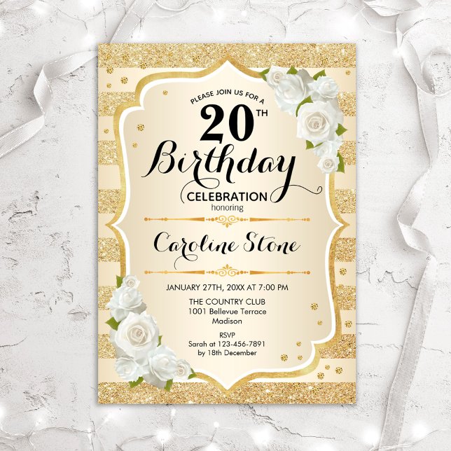 Invitación 20th Birthday - Gold Stripes White Roses (Subido por el creador)