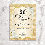 Invitación 20th Birthday - Gold Stripes White Roses<br><div class="desc">20th Birthday Invitation. Elegant design in gold and white. Features faux glitter gold stripes,  white roses stylish script font and confetti. Perfect for a glam birthday party.</div>