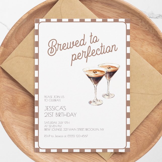 Invitación 21ª Fiesta de Cumpleaños Marrón de Espresso Martin (21st Espresso Martini Brewed Brown Birthday Party Invitation)