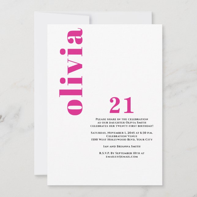 Invitación 21º cumpleaños del personalizado rosado moderno (Anverso)