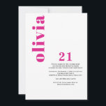 Invitación 21º cumpleaños del personalizado rosado moderno<br><div class="desc">Presentamos la Personalizado Invitación a los Años 21 de Pink Modern, una manera elegante y contemporánea de celebrar un gran hito en la vida. Esta elegante invitación presenta una tipografía sencilla pero sofisticada, que capta perfectamente la emoción y el glamour de cumplir 21 años. Con su diseño rosa moda, es...</div>