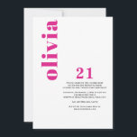 Invitación 21º cumpleaños del personalizado rosado moderno<br><div class="desc">Presentamos la Personalizado Invitación a los Años 21 de Pink Modern, una manera elegante y contemporánea de celebrar un gran hito en la vida. Esta elegante invitación presenta una tipografía sencilla pero sofisticada, que capta perfectamente la emoción y el glamour de cumplir 21 años. Con su diseño rosa moda, es...</div>