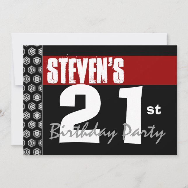Invitación 21º cumpleaños moderno para él rojo blanco negro W (Anverso)