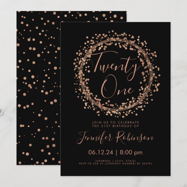 Invitación 21º Fiesta Rosa Confetti negro de oro (Anverso / Reverso)