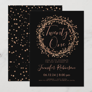 Invitación 21º Fiesta Rosa Confetti negro de oro