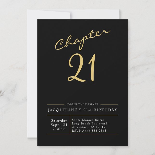 Invitación 21ᵉʳ cumpleaños Dorado Moderno Script Negro (Anverso)