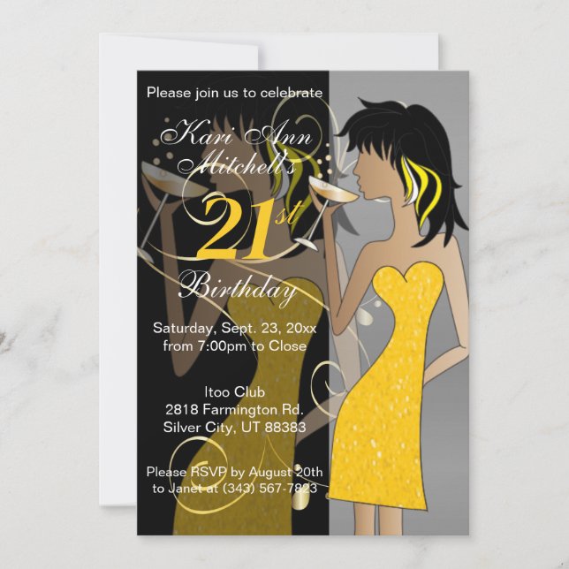Invitación 21.ª Chica de cumpleaños para adultos - Amarillo (Anverso)