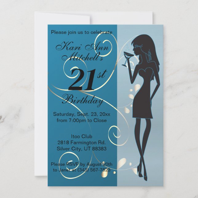 Invitación 21.ª Chica de cumpleaños para adultos - Azul (Anverso)