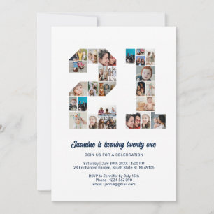 Invitación 21.ª Collage de fotos número de cumpleaños 21