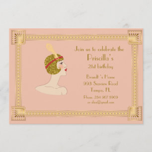 Invitación 21.ª, cumpleaños 21,estilo Gatsby,melocotón rosa y