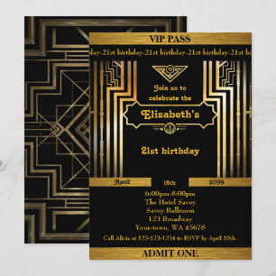 Invitación 21.ª, cumpleaños 21, gatsby, boleto, oro negro