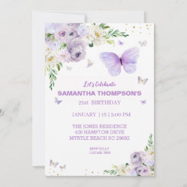 Invitación 21.ª Cumpleaños Mariposa Morada de Oro Floral