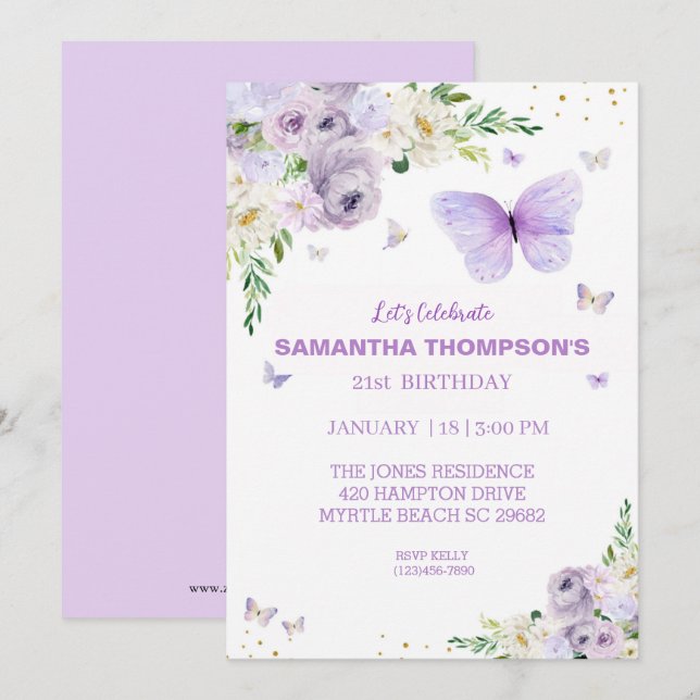 Invitación 21.ª Cumpleaños Mariposa Morada de Oro Floral (Anverso / Reverso)