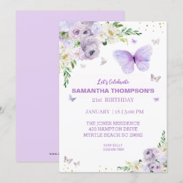 Invitación 21.ª Cumpleaños Mariposa Morada de Oro Floral