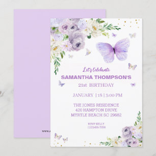 Invitación 21.ª Cumpleaños Mariposa Morada de Oro Floral