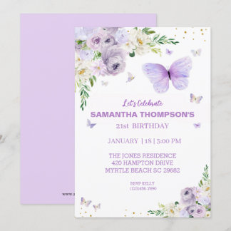 Invitación 21.ª Cumpleaños Mariposa Morada de Oro Floral
