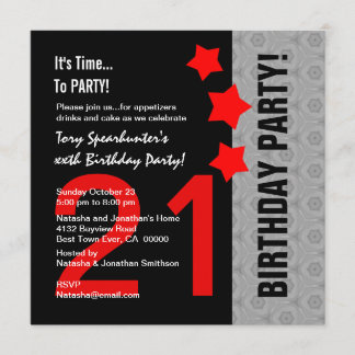 Invitación 21.ª Cumpleaños Moderno Plata Roja Negro A13 Estre