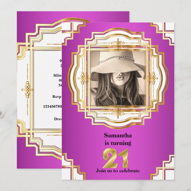 Invitación 21.ª elegante fiesta de fotograma blanco dorado (Anverso / Reverso)