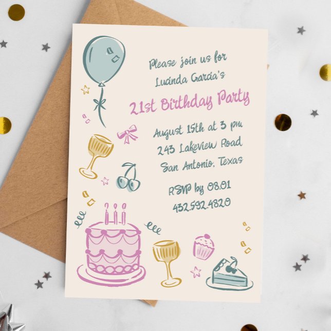 Invitación 21.ª Festividad De Aniversario (Colourful 21st birthday party invitation in scribble style)
