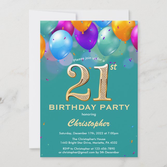 Invitación 21.ª festividad de globos Verde azulados y dorados (Anverso)
