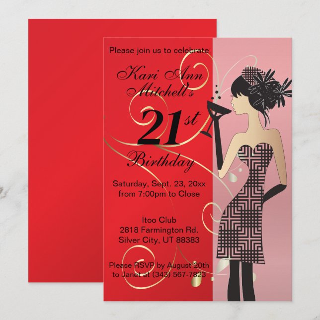 Invitación 21.ª Fiesta Bash de cumpleaños - Rojo (Anverso / Reverso)