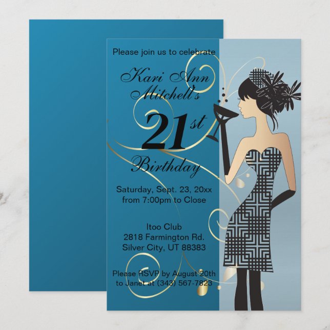 Invitación 21.ª Fiesta de Bash de Cumpleaños - Azul (Anverso / Reverso)
