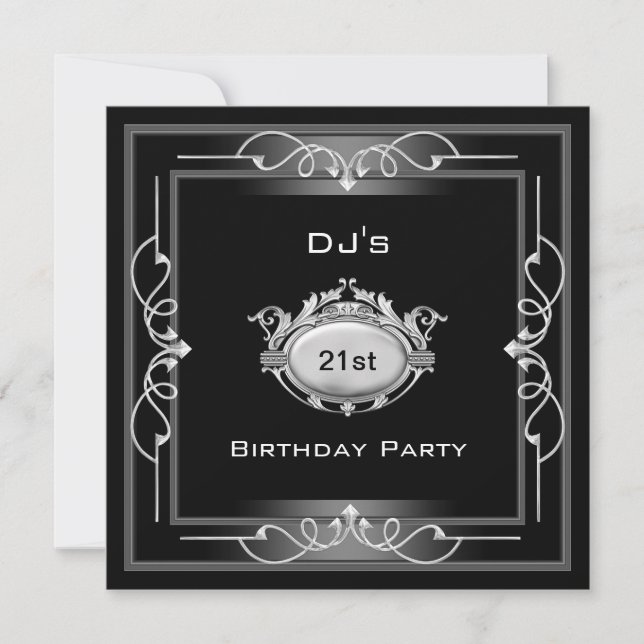 Invitación 21.ª fiesta de cumpleaños Black Silver Art Deco (Anverso)