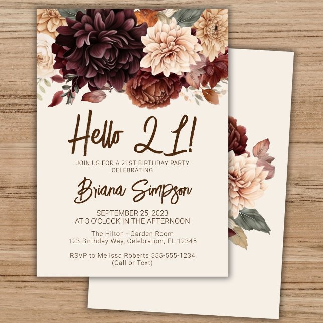 Invitación 21.ª Fiesta de cumpleaños Brown Beige Marfil Flora (Subido por el creador)